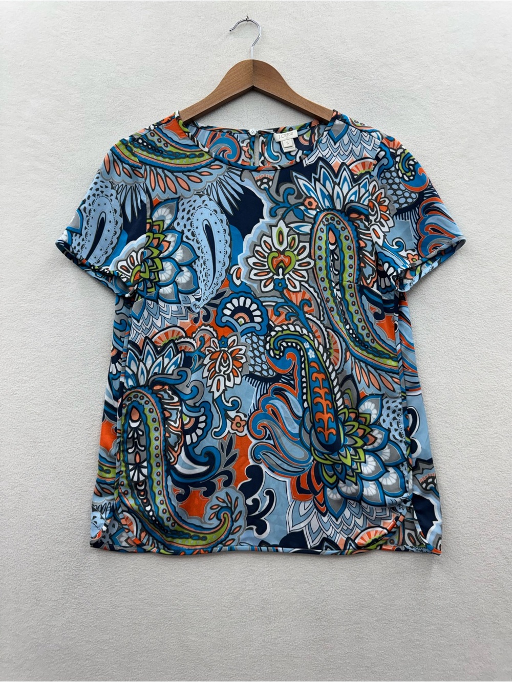 J Crew Women’s Small Blouse Paisley Print Short Sleeve Blue